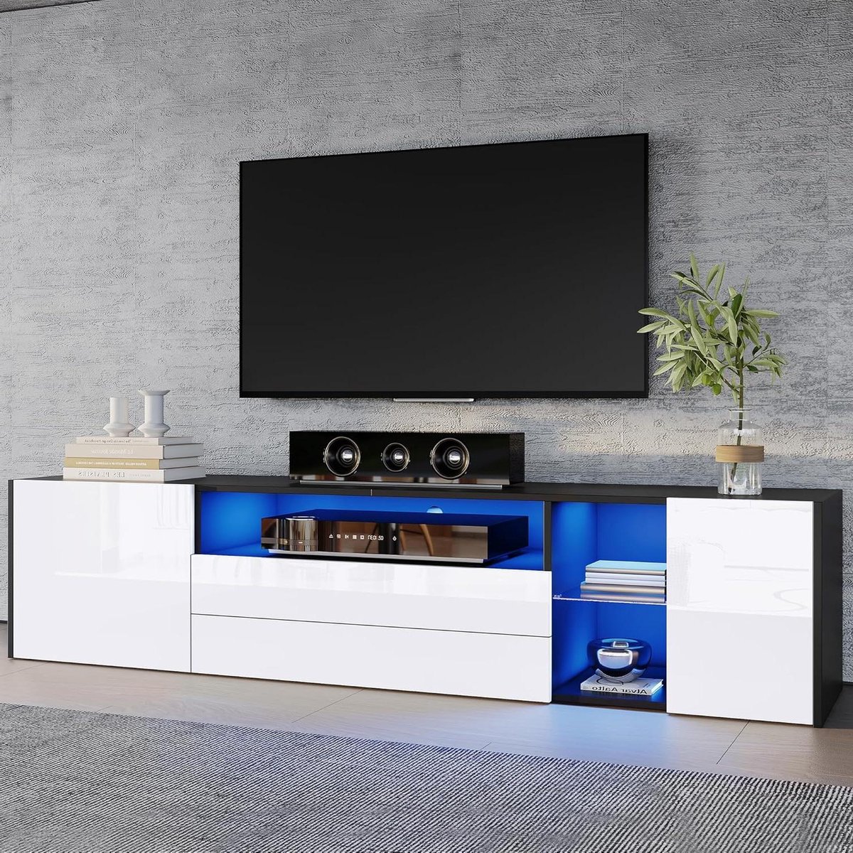 Tv-kast met led - Tv-meubel Lowboard - Woonkamer Inrichten - Hoogglans Front - 180 cm - Zwart Wit