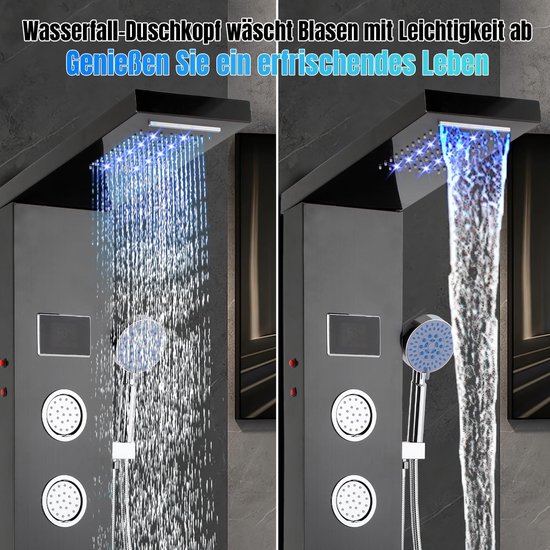 Zwart douchepaneel met waterfall-functie en blauwe LED-verlichting, met de tekst "Geniet van een verfrissend leven".
