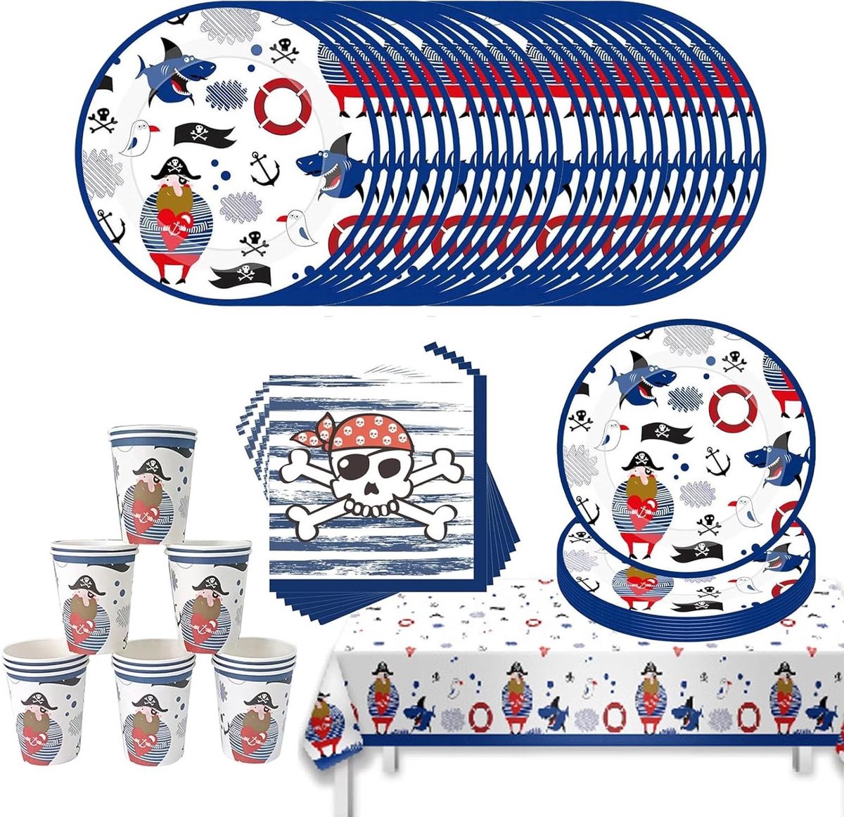Piratenfeest Servies Set - Piratenschip Borden Bekers - Kinderfeest Decoratie - Thema Piraat Avontuur - Servies voor 16 personen - Multi
