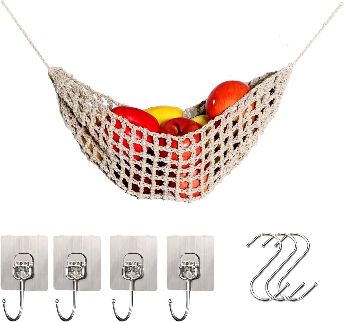 Fruithangmat - Fruitmand Groentemand - Keuken Organiseren - Handgeweven Katoen - 68 cm - Wit