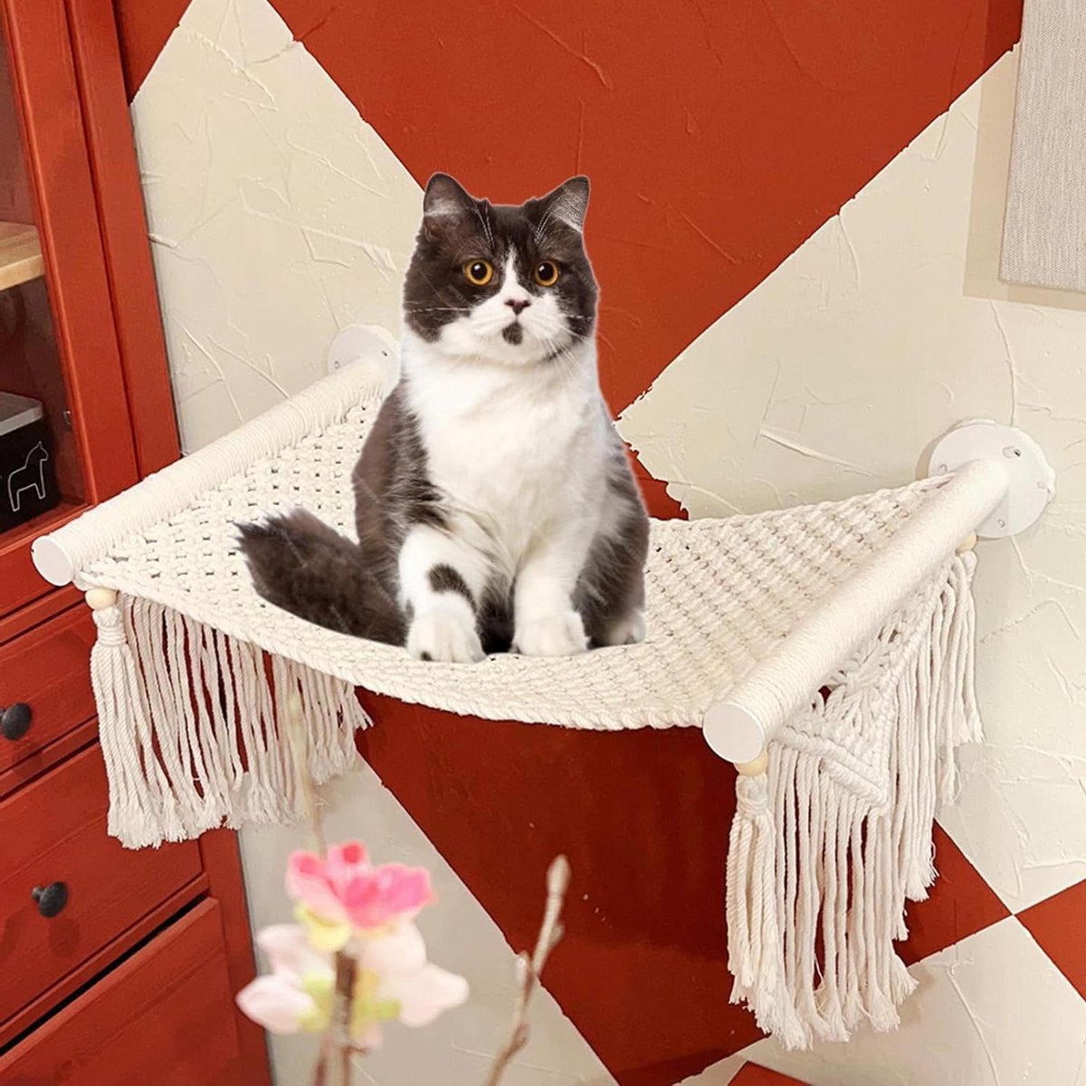 Kattenwandplanken en zitstokken - Kattenmeubilair muur - Klimmen en spelen - Macramé constructie - 30 x 30 x 55 cm