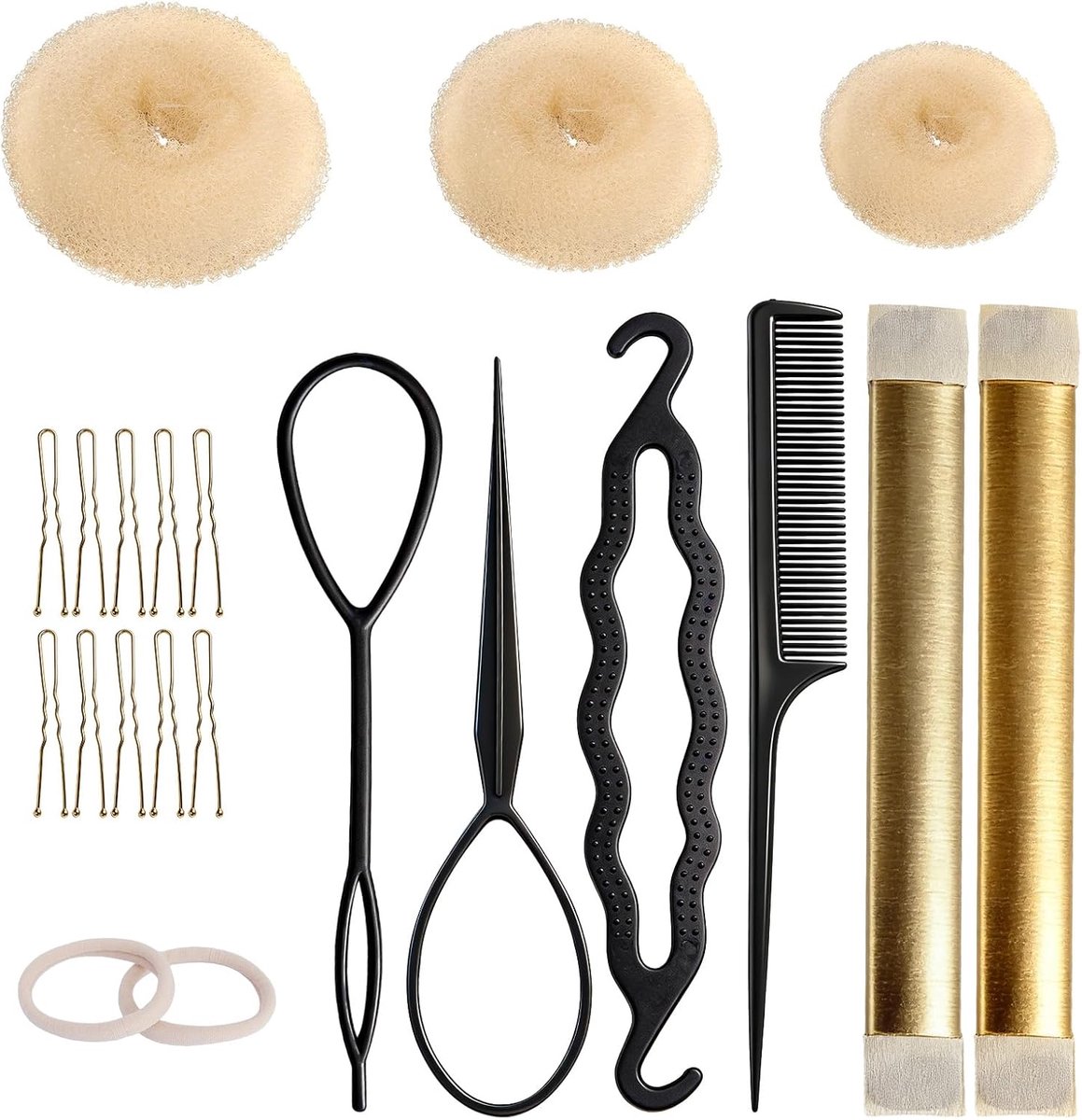 21-delige haarknotmaker, set knotkussen en stylinggereedschap voor dames, doe-het-zelf haarnetje, knothulpset voor ballet en chignon, haaraccessoires voor meisjes en vrouwen