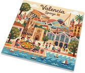 Tegeltje Valencia Spanje met Stad van Kunsten, Kathedraal en Mercado Central Zonnige Retro Mid-Century Gouache Illustratie Stedentrip Matte Wanddecoratie met Ophanghaakje