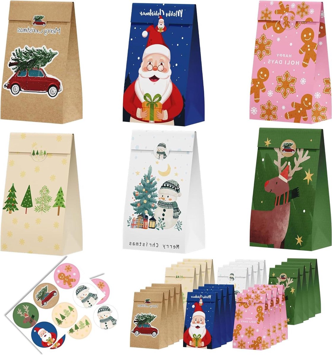 Kerstsnoepzakjes - Kerst traktatiezakken - Feestelijke uitdeelcadeaus - 6 unieke kerstontwerpen - 24 stuks - Multicolor