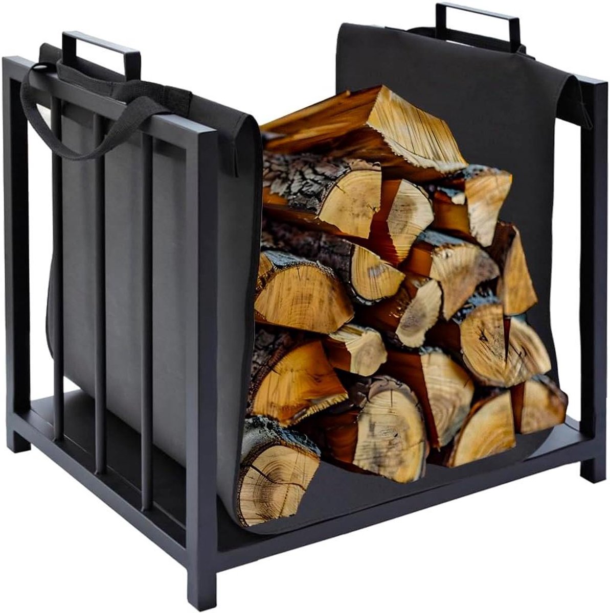 Houthaard Mand - Hout Opslag - Haardhout Opslaan - Inclusief Houttas - 50.5x37x50 cm - Zwart