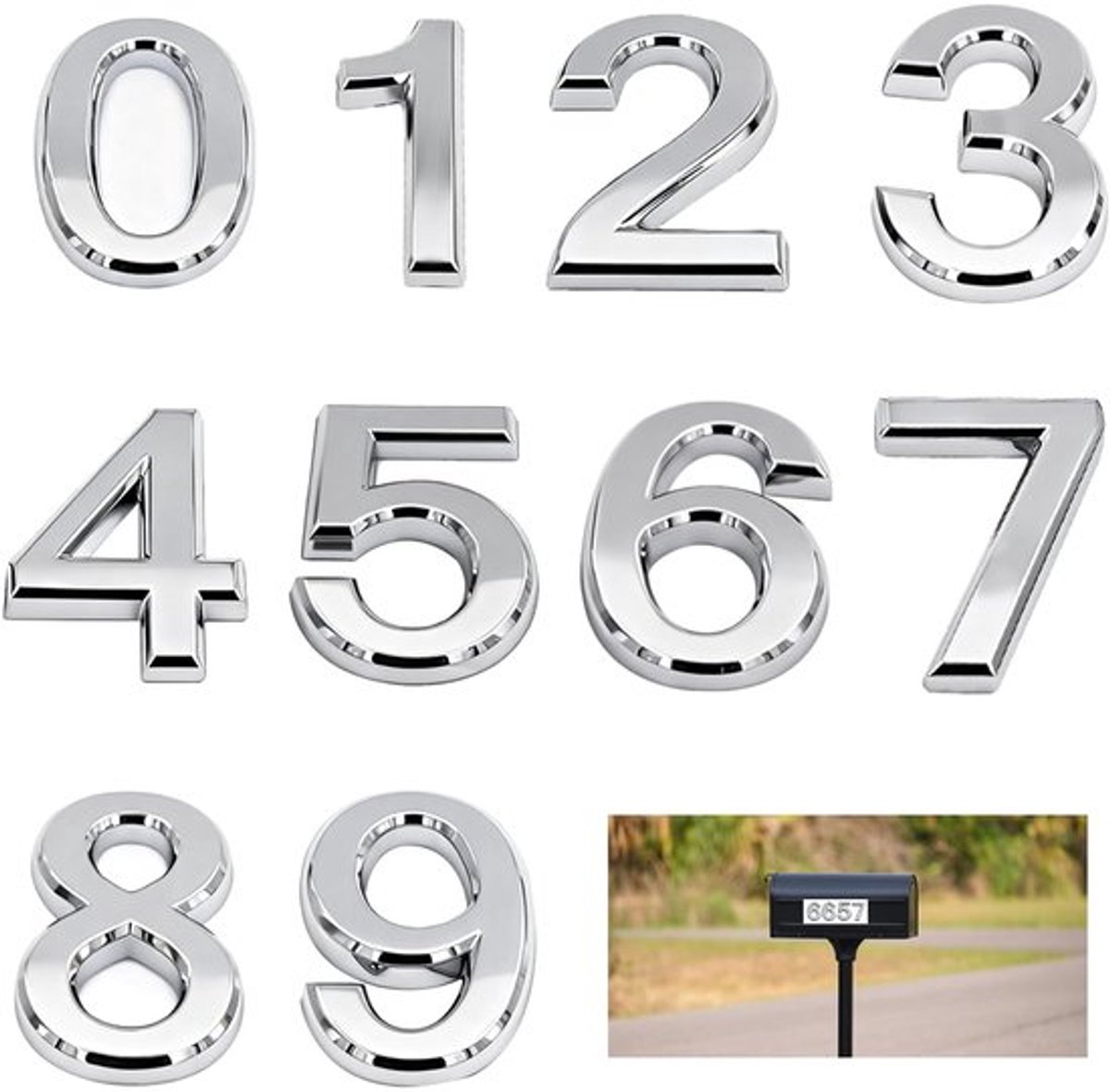 Zelfklevend huisnummerbord 10 zilver 3D