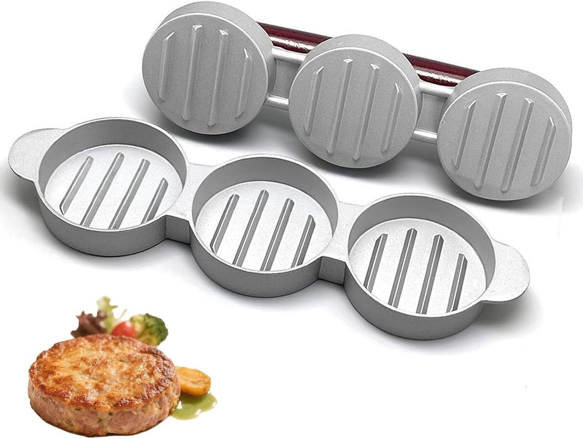 Mini Burger Press - Slider Press - Mini Burgers Maken - Maakt Drie Patties - 3 Patties - Zilver