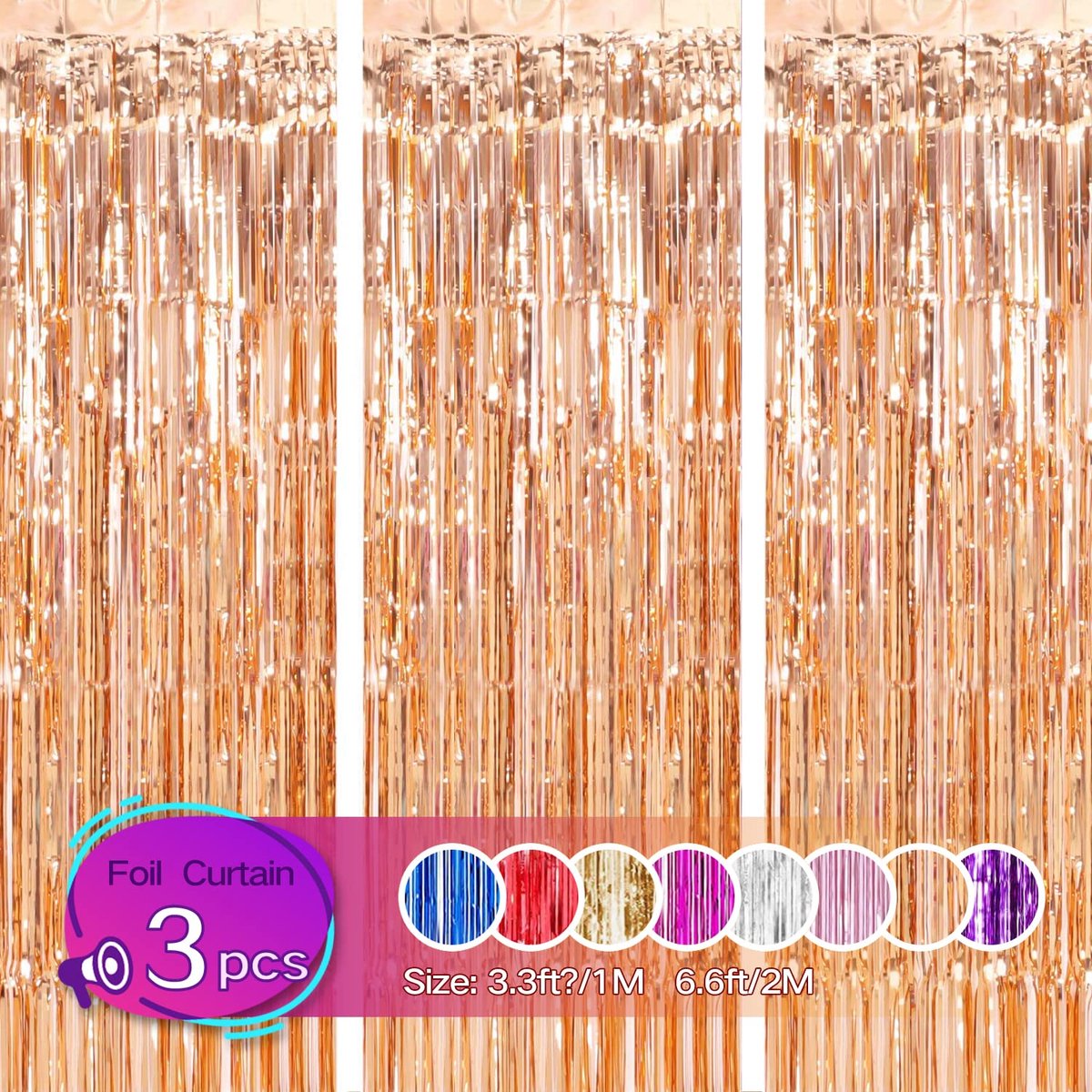 Franje Gordijn 1m x 2m, 3 Pack Metallic klatergoud Verjaardag Decoraties, Folie Gordijn voor Afstuderen Bruiloft Verloving Bruids Douche Vrijgezellenfeest (Rose Golden)