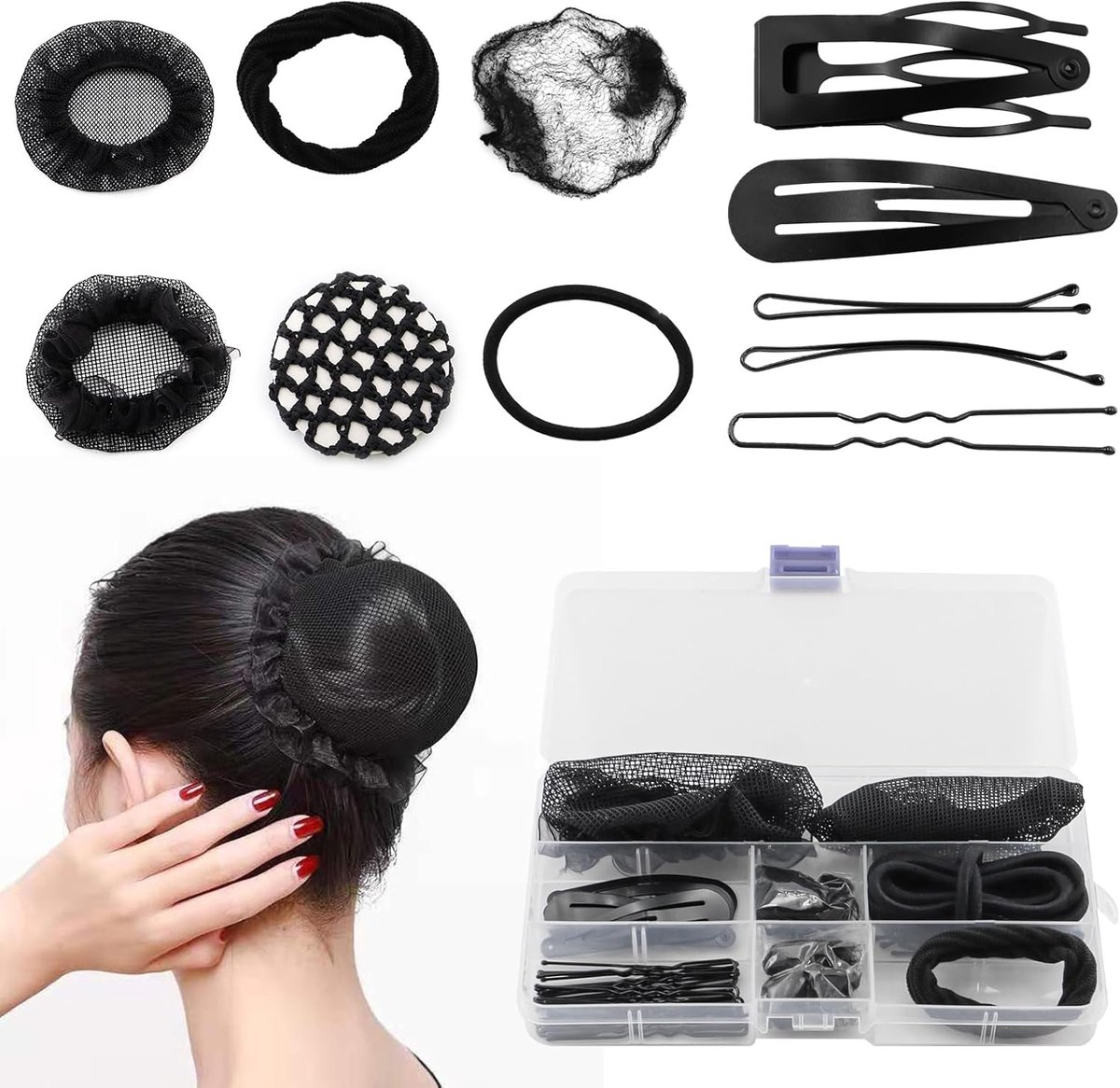 70 stuks opgestoken kapselaccessoires, knotnetset, bevat haarnetknot, bobby pins, haarelastiekjes en opbergdoos, kapselaccessoires voor dans, yoga en gymnastiek