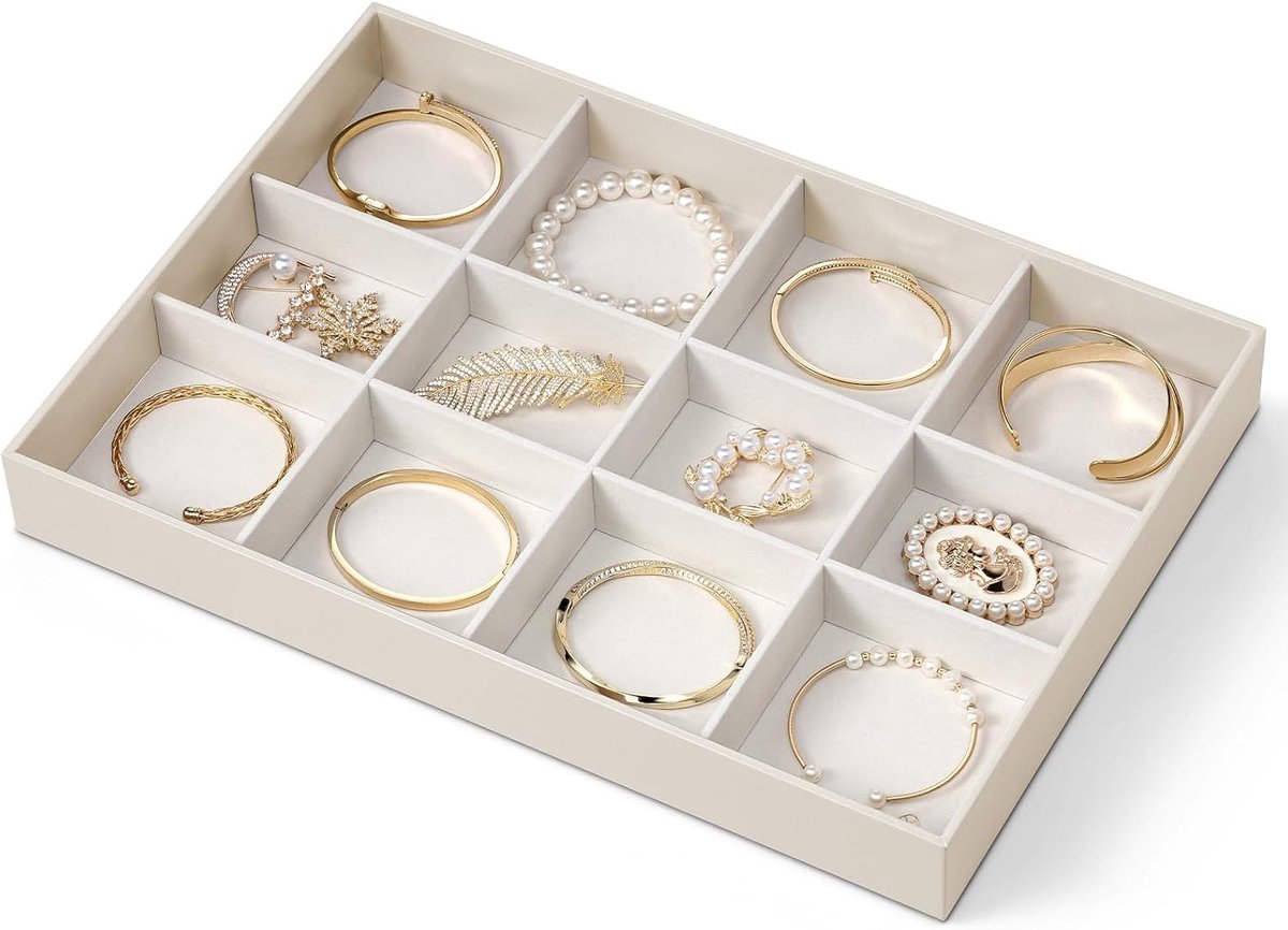 Sieradendienblad, sieradenopslag, sieradenorganizer, stapelbare sieradendienbladen voor lades, sieradenorganizer voor het opbergen van armbanden en armringen voor vrouwen, beige