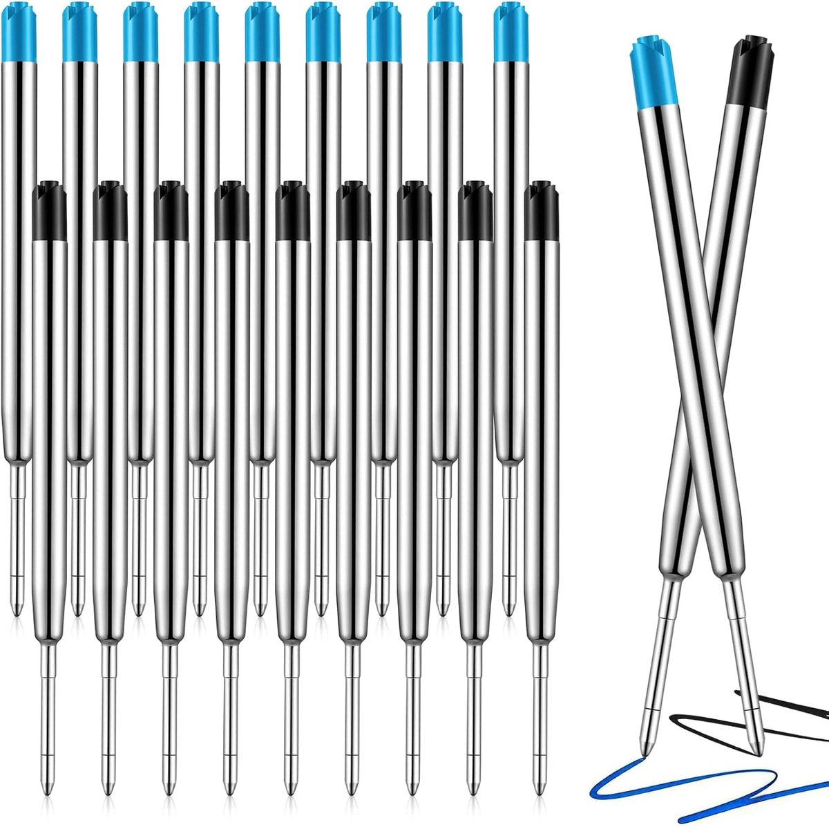 Penvullingen, 20 stuks, metalen vullingen, 0,7 mm, balpen vullingen met de meeste balpennen, voor kantoor, winkel, school en thuis (10 blauw + 10 zwart)