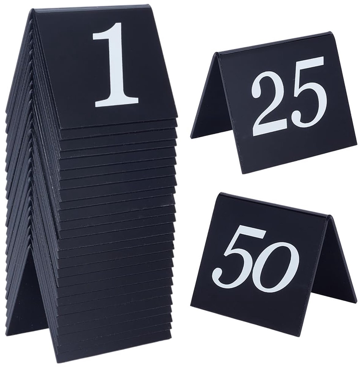 50 stks Tent Stijl Acryl Tafel Nummers Borden 1-50 Dubbelzijdige Zwarte Tafel Nummers Borden Acryl Tent Tafel Nummers Stands Borden 5.3x6.3x4.9cm voor Bruiloft Party Banketten Recepties