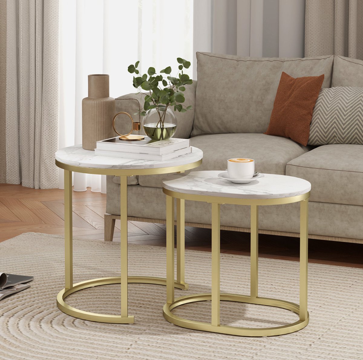 MEUNIQ 2-delige salontafel set rond en ovaal, stapelbaar, stalen frame, MDF tafelblad, verstelbare voeten, wit marmerlook voor woonkamer