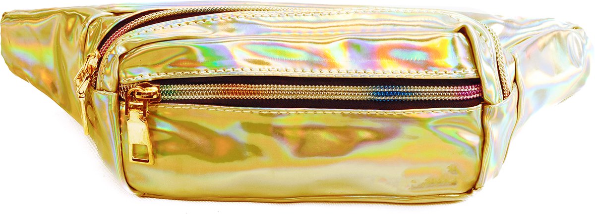 KIMU® Klein Holografisch Heuptasje Goud Rechthoek - Fanny Pack Met Twee Vakken - Zwarte Band - Tasje Heuptasje Festival