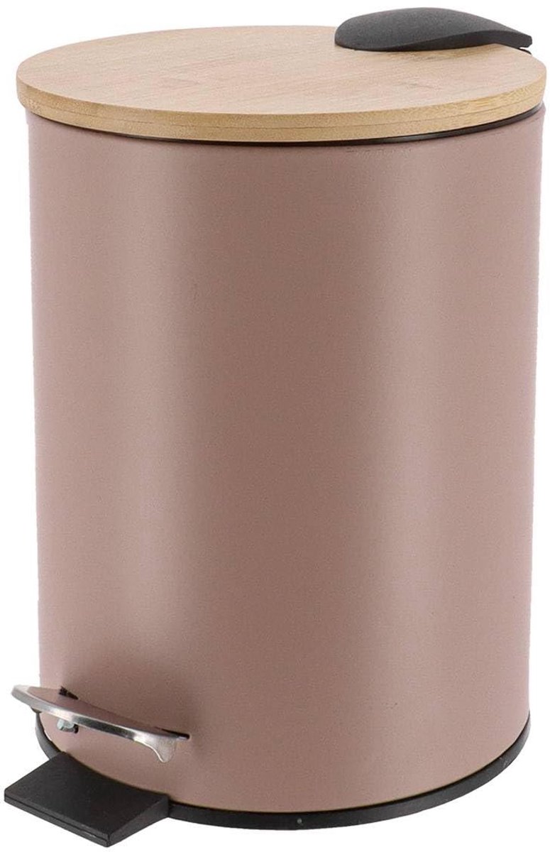 Metalen Afvalemmer - Prullenbak Vuilnisbak - Huishoudelijk Afval Verwerken - Met Valrem - 3 Liter - Cappuccino Bamboe