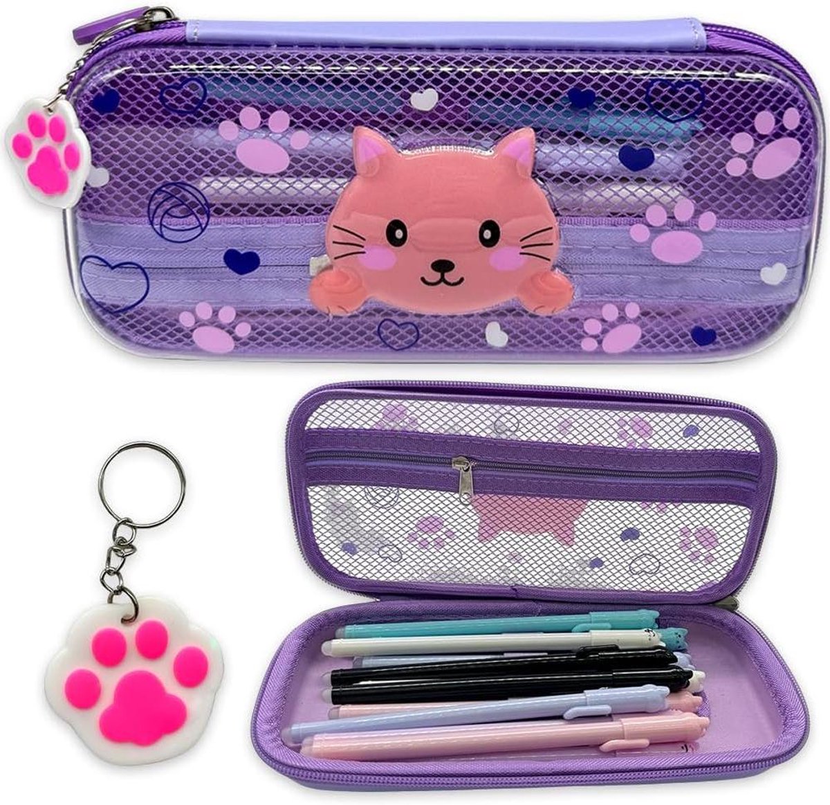 Katten Etui - Pennendoos Kinderen - Schoolspullen Opbergen - Grote Capaciteit - 23 x 10 x 5 cm - Paars