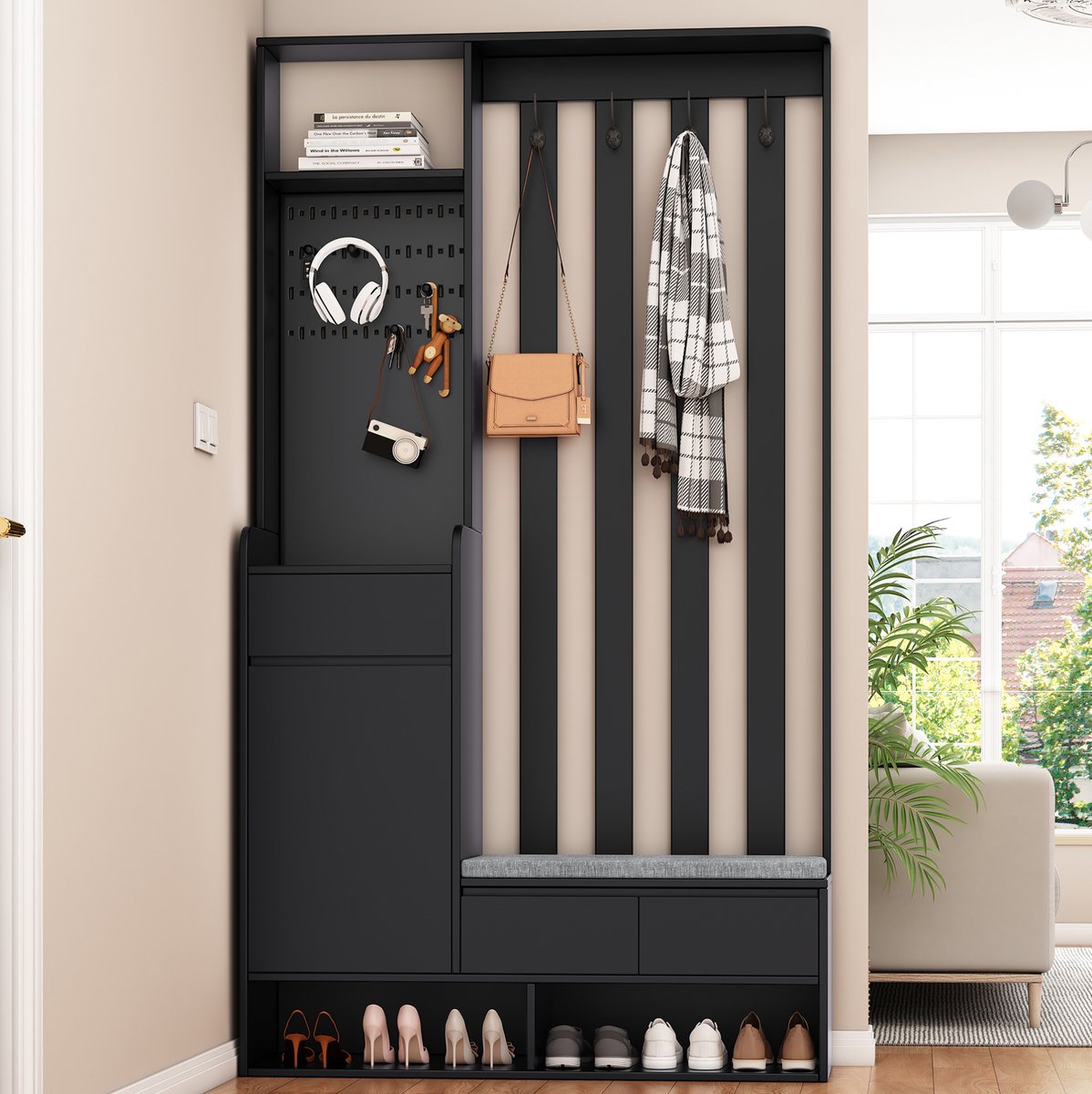 HAUSS SPOLE Schoenenkast - Halmeubel Met Zitbank, Gaatjespaneel En 4 Haken - Voor Entree En Gang - MDF - 180 x 100 x 35 Cm - Zwart
