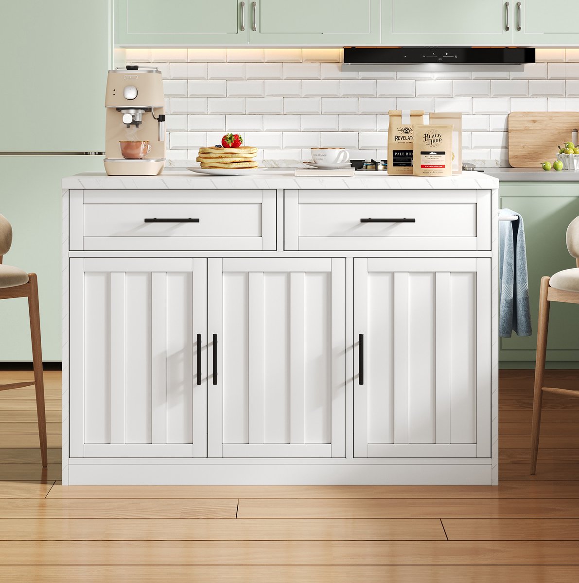 HAUSS SPOLE Keukenkast - Keukeneiland Met Stopcontacten En USB - Met 2 Lades 3 Deuren En Barfunctie Voor Keuken En Appartement - MDF - 120x60x91 Cm - Wit