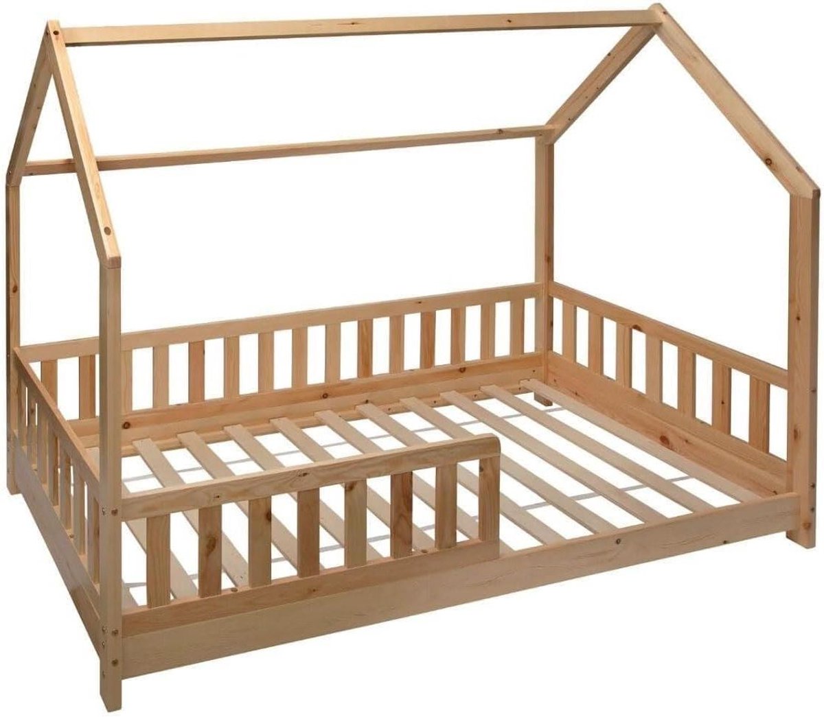 Kinderbed Hut - Houten Bed Huisje - Kinderslaapkamer Inrichten - Met Veiligheidshekken - 90 x 190 cm - Natuurlijk