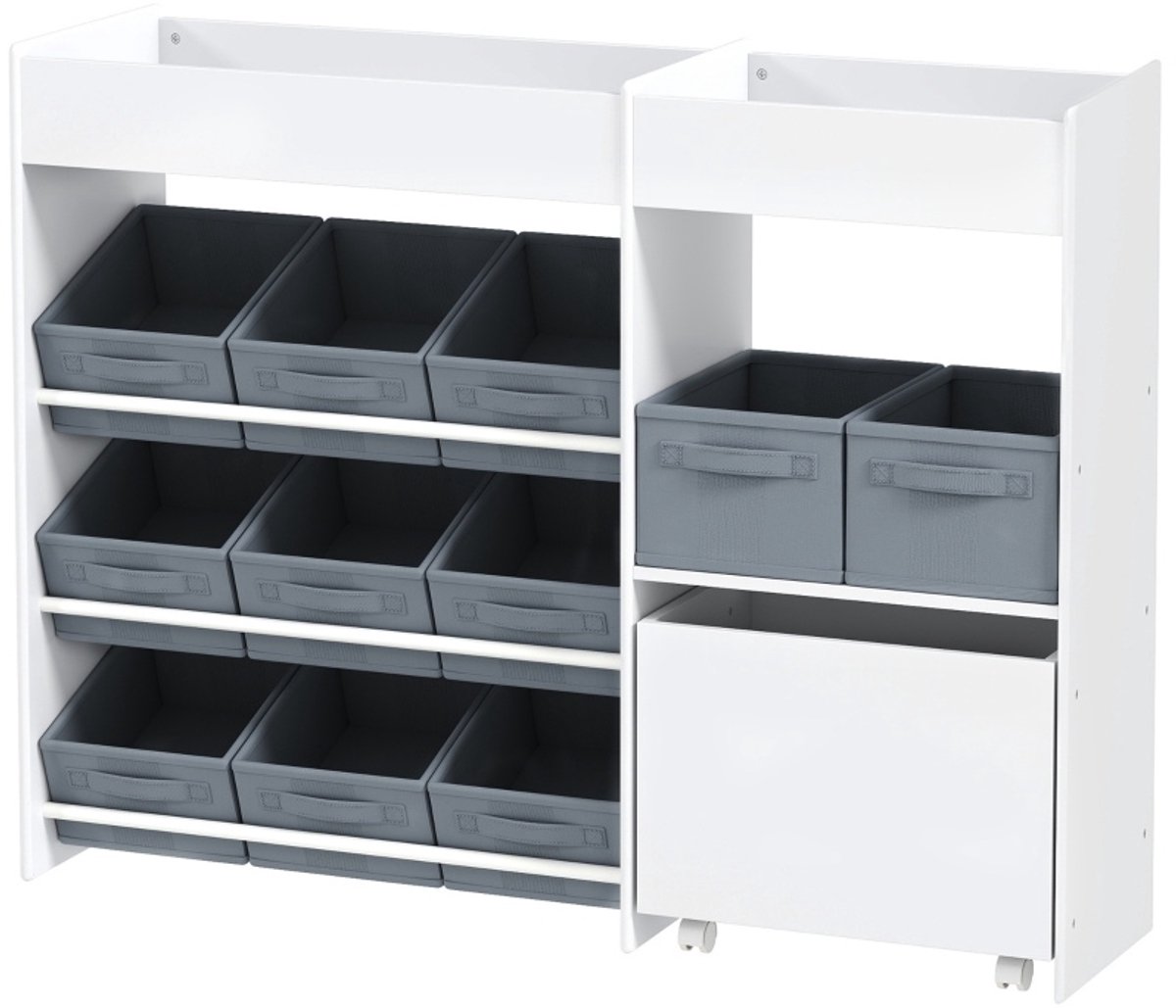 MEUNIQ Kinder opbergkast 105 x 30 x 80 cm met 11 stoffen opbergboxen, bovenste vakken en kast voor boeken en speelgoed in de kinderkamer - Wit