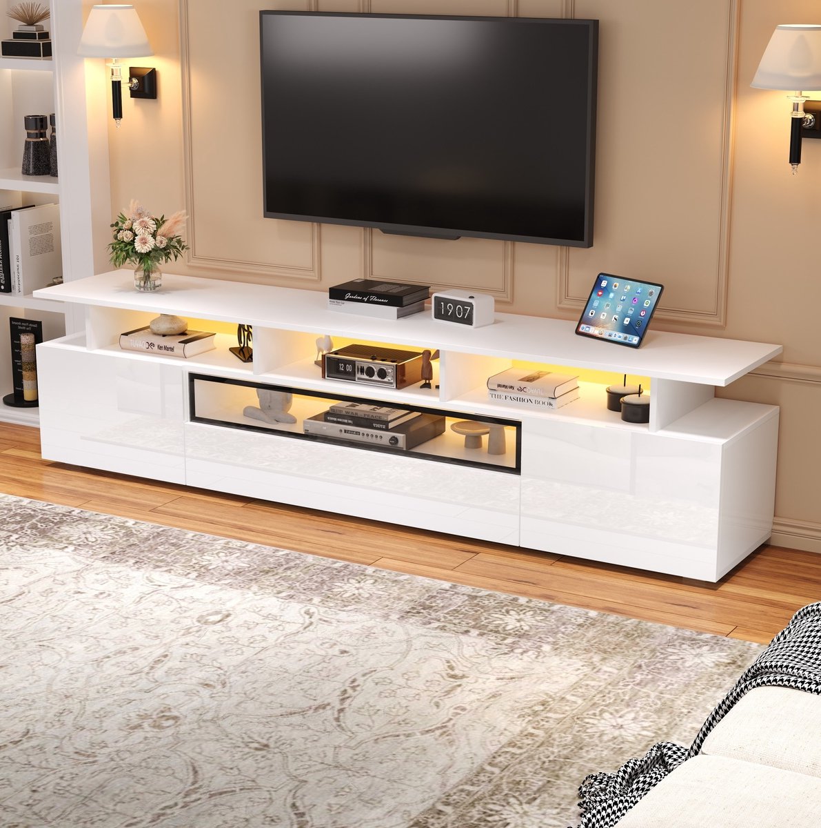 HAUSS SPOLE Dressoir - Tv Kast Met Led En Hoogglans Front - 2 Kasten En 1 Lade Voor Woonkamer - Spaanplaat En Acryl - 180x38x45 Cm - Wit