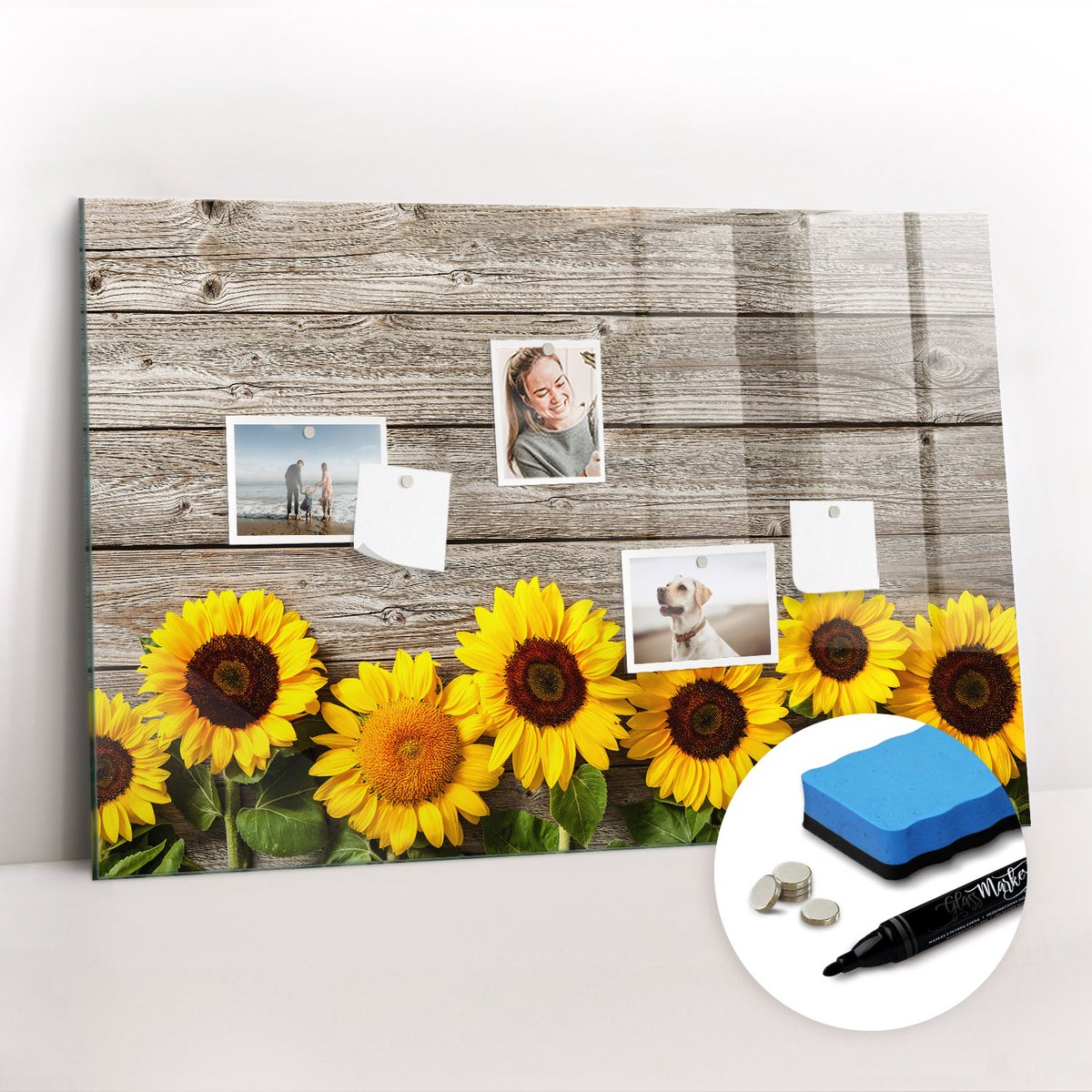 Tulup Whitebord - Zonnebloemen - 90 x 60 cm - Veelkleurig Magnetisch Wandbord - Gratis 5 Sterke Magneten + Whiteboard Marker & Wisser - Stylish Memo Board - Magneetbord Rechthoekig - Planning Muur
