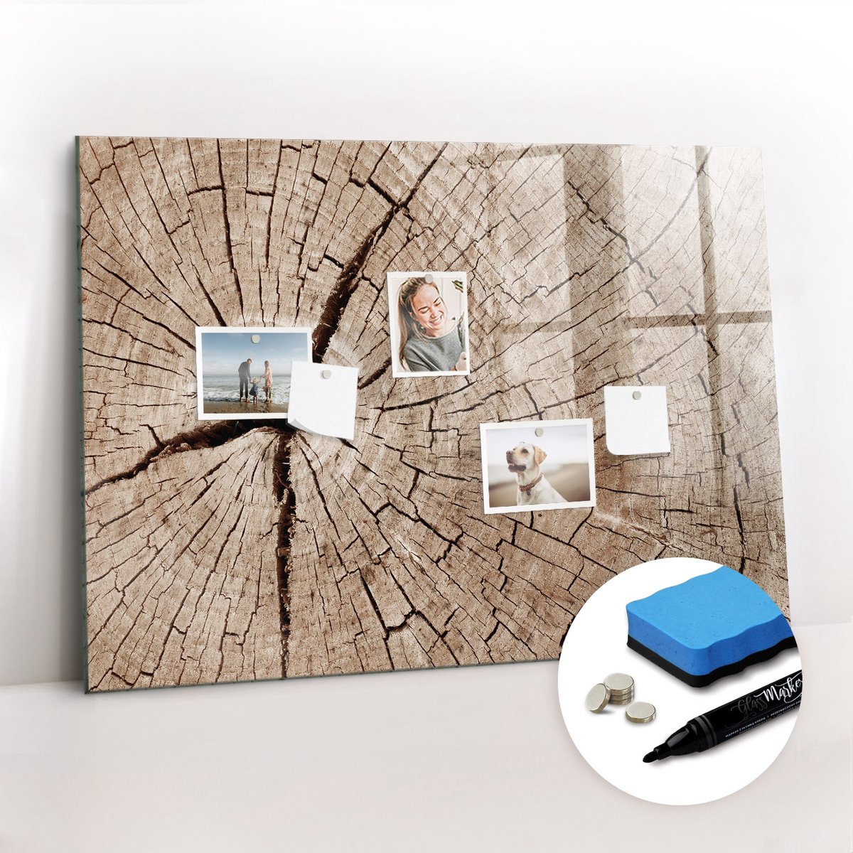 Tulup Whitebord - Oude boomstronk - 100 x 70 cm - Bruin Memobord Glas - Gratis 5 Sterke Magneten + Whiteboard Marker & Wisser - Wanddecoratie Kantoor - Memobord Keuken - Ideeënbord Thuiswerkplek