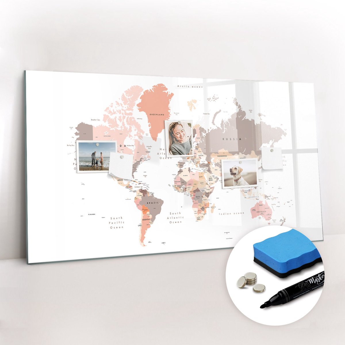 Tulup Whitebord - Universele wereldkaart - 120 x 60 cm - Bruin Magneetbord Keuken - Gratis 5 Sterke Magneten + Whiteboard Marker & Wisser - Minimalistisch Prikbord - Memobord Magnetisch - Planning Muur