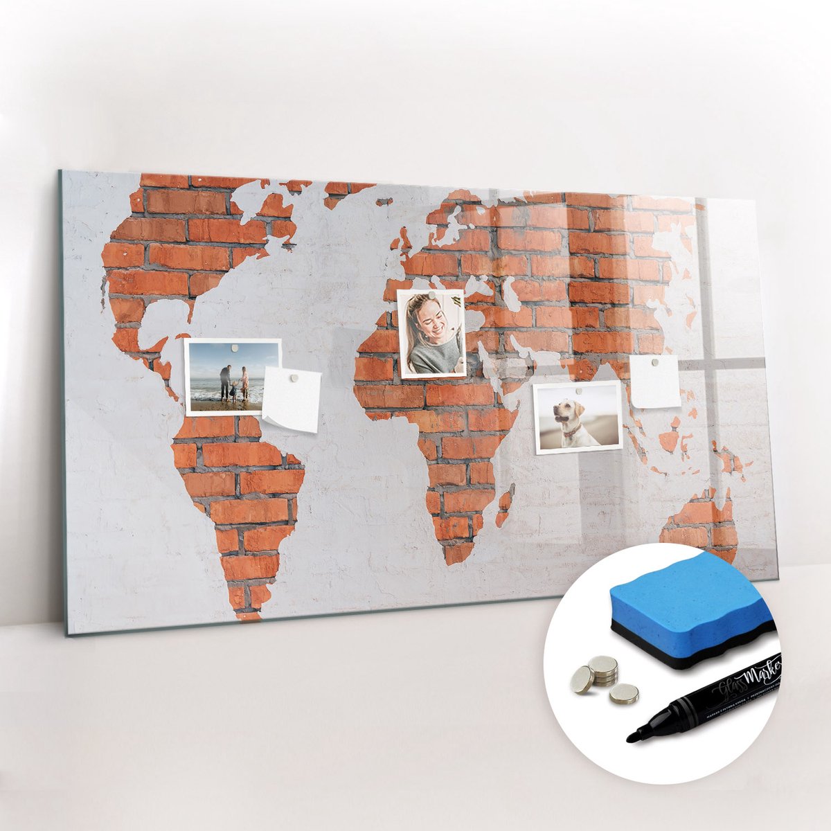 Tulup Whitebord - Gipsen wereldkaart - 120 x 60 cm - Veelkleurig Magnet Board - Gratis 5 Sterke Magneten + Whiteboard Marker & Wisser - Design Memobord - Magnetisch Memobord - Ideeënbord Thuiswerkplek