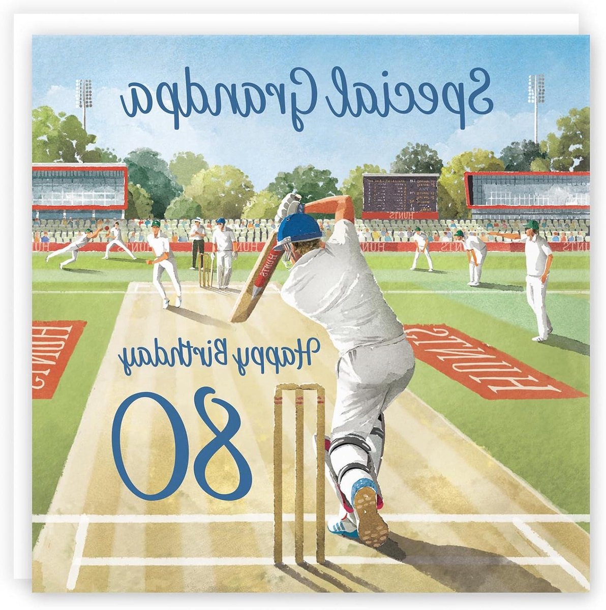 Verjaardagskaart Opa - Wenskaart 80 jaar - Cadeau geven - Cricket design - 148 x 148 mm - Meerkleurig