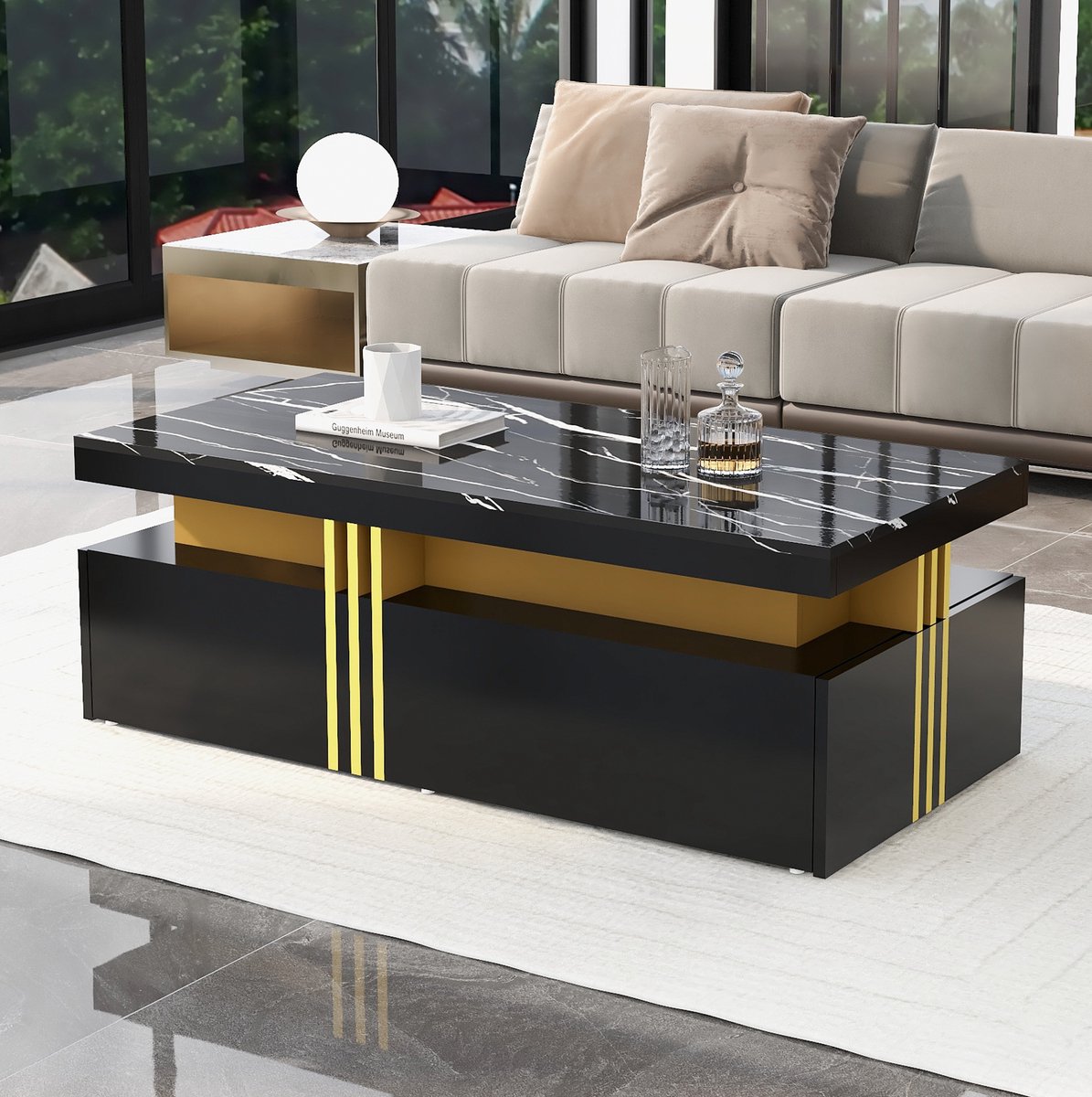 HAUSS SPOLE Salontafel - Hoogglans Tafel Met 2 Lades En Marmerlook - Voor Woonkamer Of Kantoor - Spaanplaat En Metaal - 100x50x40 Cm - Zwart