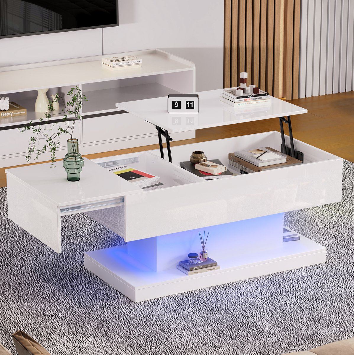 HAUSS SPOLE Salontafel - Hoogglans Liftblad Met Ledverlichting En Schuifblad - Opbergruimte Voor Woonkamer - Spaanplaat - 100x50x45 Cm - Wit