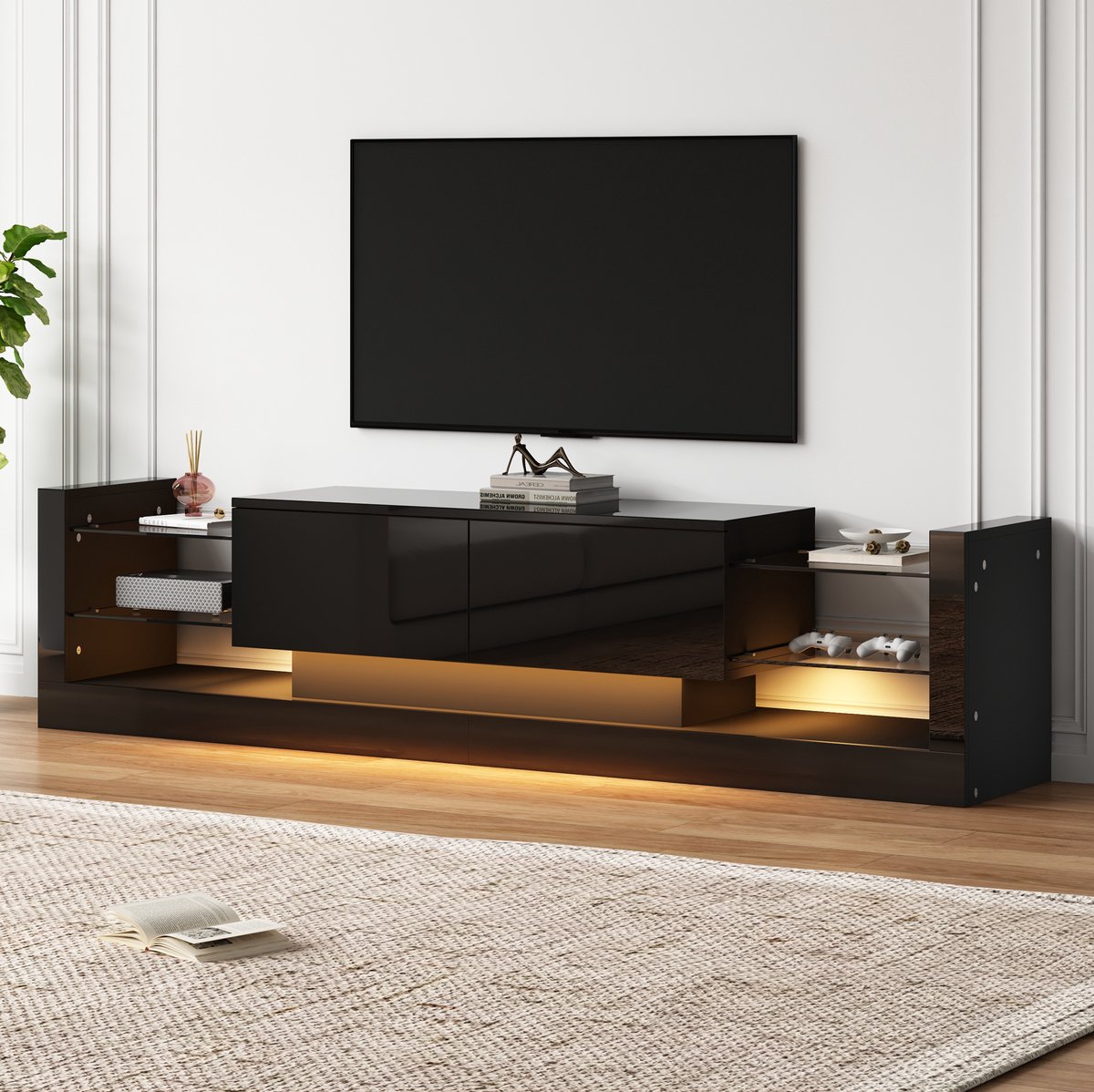 HAUSS SPOLE Dressoir - Hoogglans Tv-Kast Met Ledverlichting En Glasfront - Voor Woonkamer En Tv Tot 80 Inch - Spaanplaat - 181x38x38 Cm - Zwart