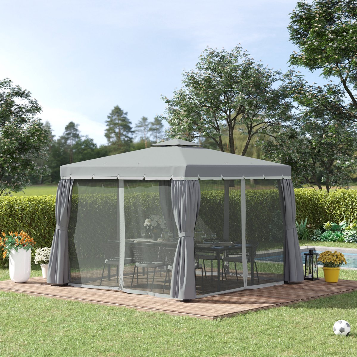 MEUNIQ paviljoen 296 x 296 cm met dubbeldak, 4 afneembare zijwanden met muskietengaas, aluminium partytent voor tuin, terras of binnenplaats, donkergrijs