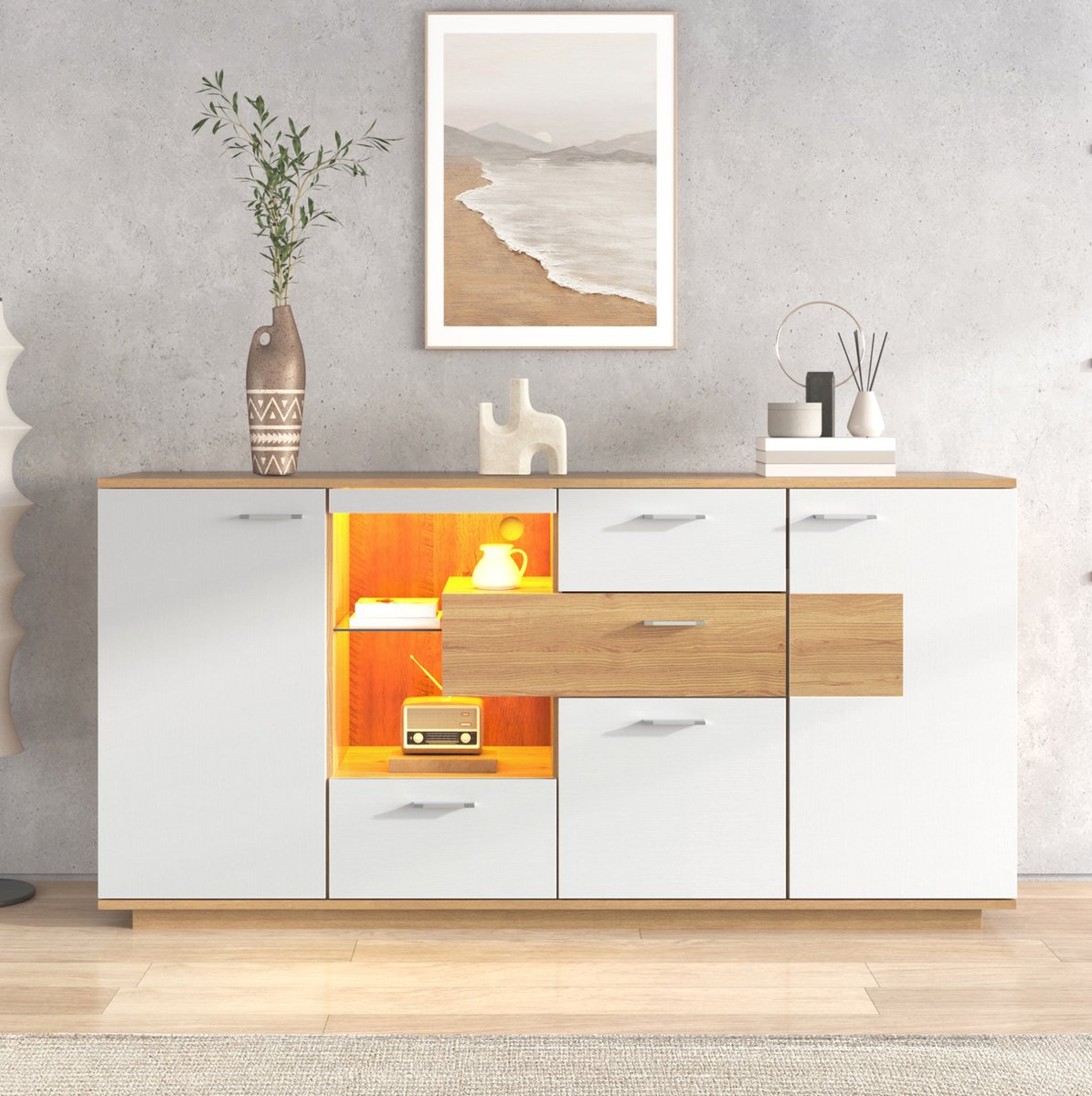 HAUSS SPOLE Dressoir - Met LED-Verlichting En 4 Laden - 2 Deuren Voor Woonkamer En Opbergen - MDF - 160x40x77 Cm - Wit En Houtkleur
