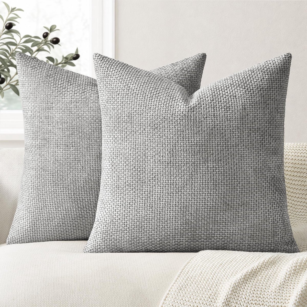 Set van 2 kussenslopen, 40 x 40 cm, in grijs, pluizige chenillestof, decoratie voor woonkamer, slaapkamer, boho, kussen, Scandinavisch bankkussen, comfort, geschikt voor bed, tuin, balkon