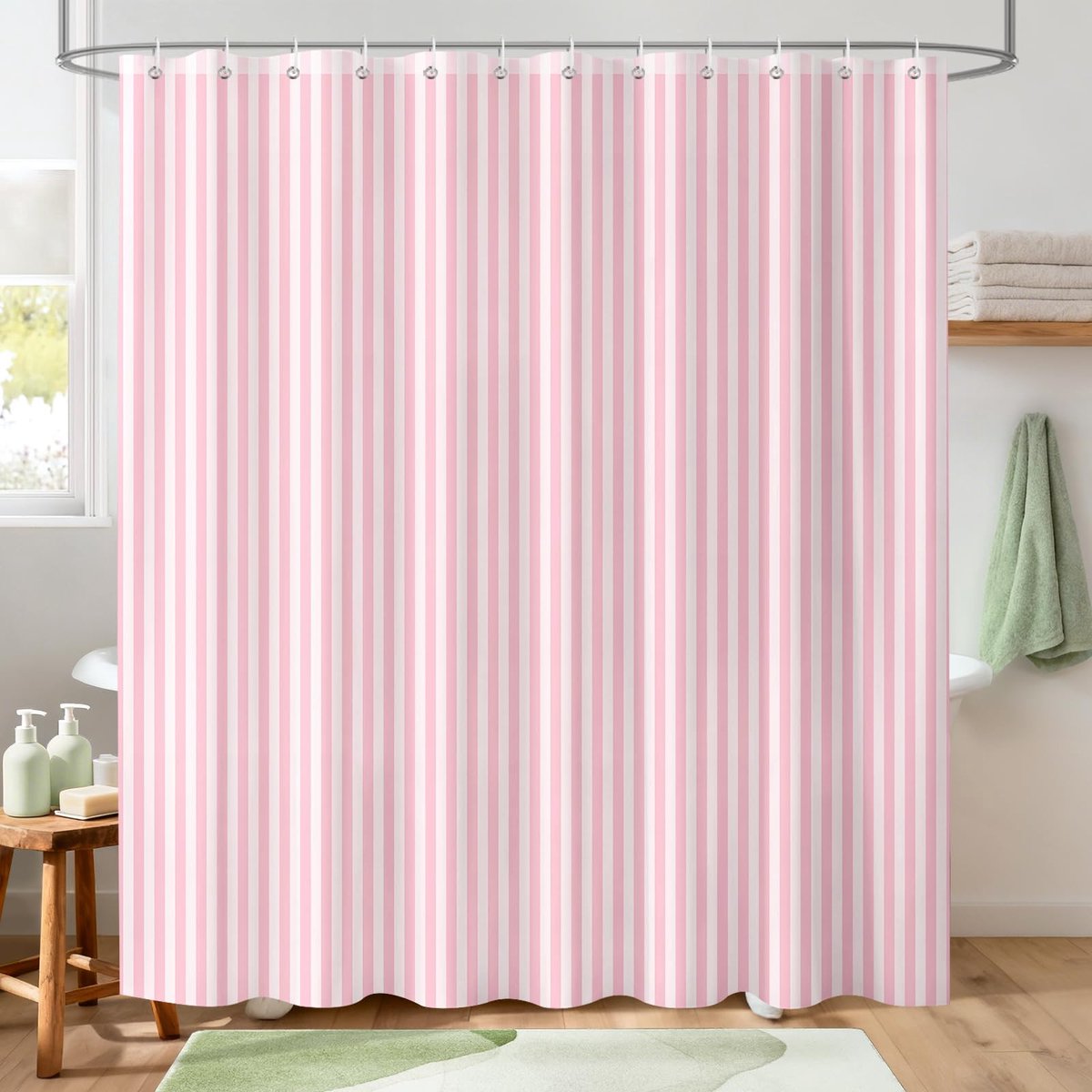Roze en wit gestreept douchegordijn, vintage roze verticaal gestreept geometrisch waterdicht polyester stof badgordijn met 12 haken 183 x 183 cm