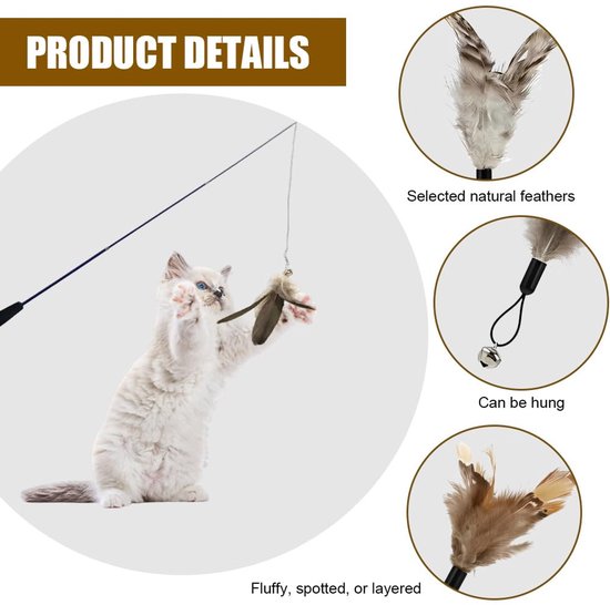 8 stuks hengel kattenspeelgoed, veerspeelgoed voor katten met bellen, reserveveren voor kattenhengel, veer hanger, kattenveren, speelgoed, vervanging voor beweging en interactief spel — afbeelding 2