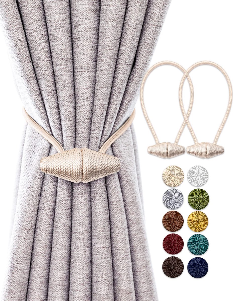 Gordijnhouders met grotere magneet, upgrade, 2 stuks 40 cm gordijnhouders voor binnen en buiten, beige