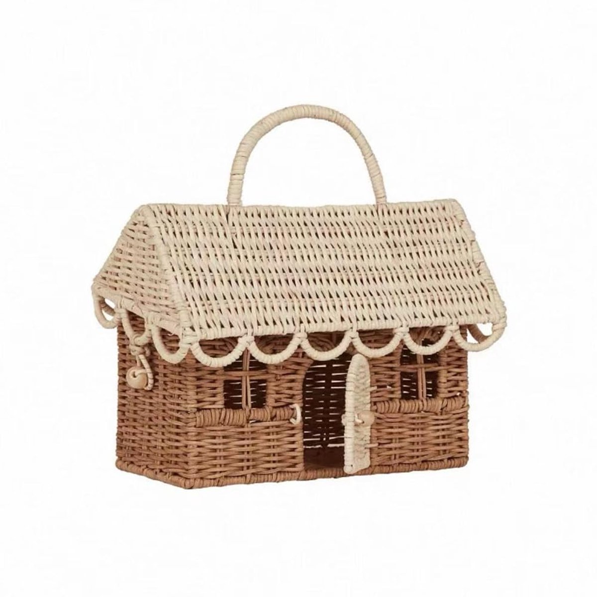 Mand in huisvorm, decoratieve handgeweven rekorganizer met klapgreep, opbergdoos van wilgenvlechtwerk