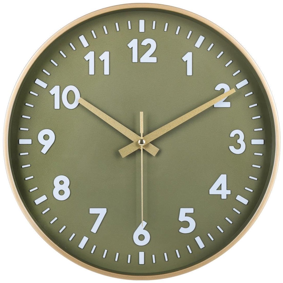Klok Groen Goud – 30 cm – Stil Uurwerk Zonder Getik – Moderne 3D Design Klok met Grote Cijfers – Luxe Ronde Muurklok voor Woonkamer, Keuken, Slaapkamer of Kantoor