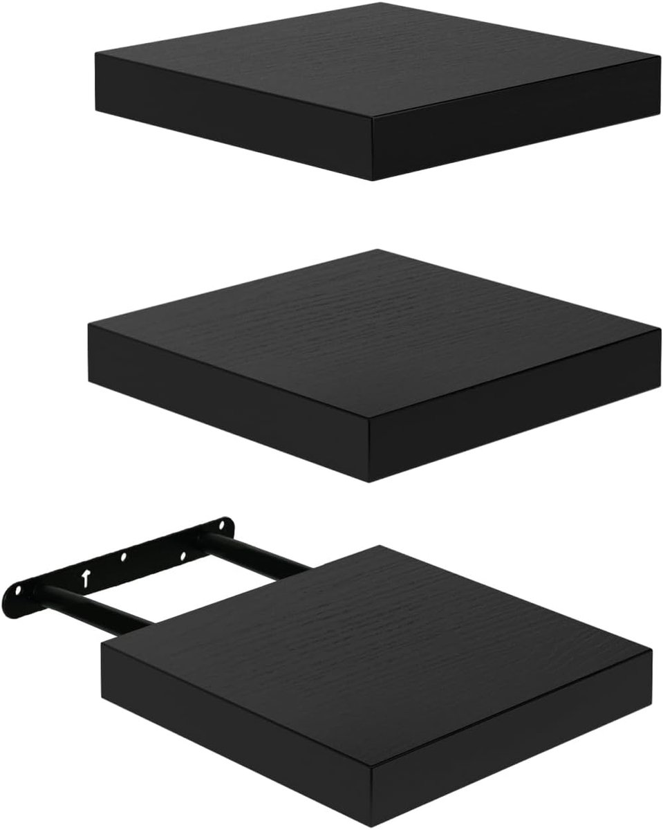 Zwevend rek, set van 3, compact, 20 x 20 cm, wandplanken, MDF, voor badkamer, keuken, hal - zwart