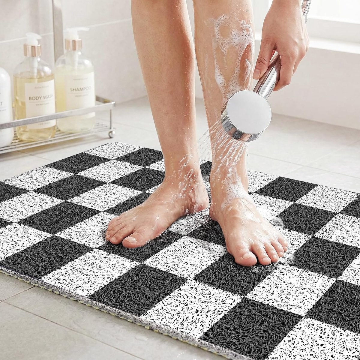 Loofah Douchemat Antislip en Antischimmel, Sneldrogende PVC Badmat voor Binnendouche, Wasbaar en Geschikt voor Gladde Oppervlakken 50x80cm Zwart-Wit Ruit