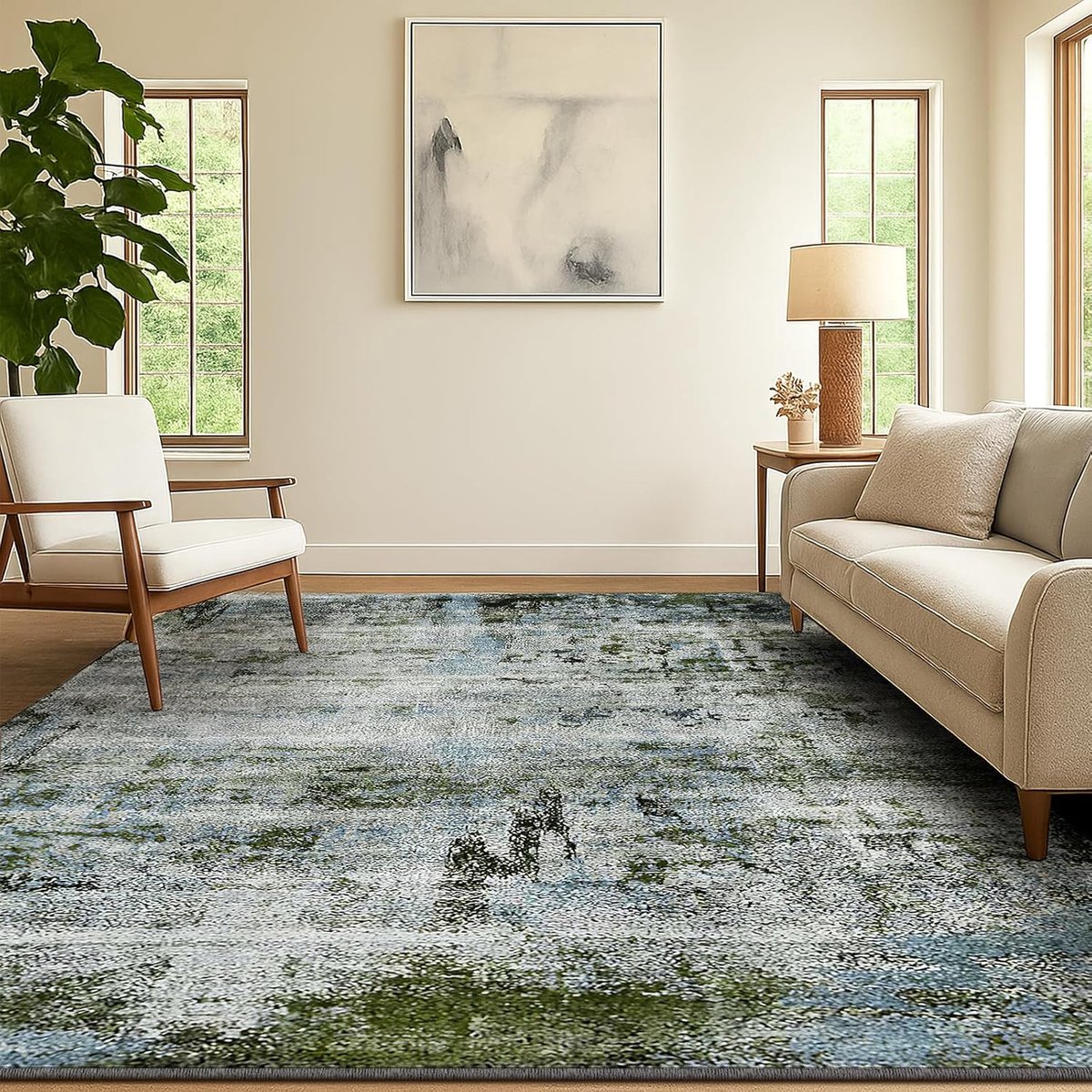 Woonkamer Tapijt 140×200 cm, Modern Abstract Laagpolig, Antislip, Wasbaar, Slaapkamer, Kinderkamer, Studentenhuis, Keuken, Gang, Entree, Woonkamer, Bureau, Mosgroen