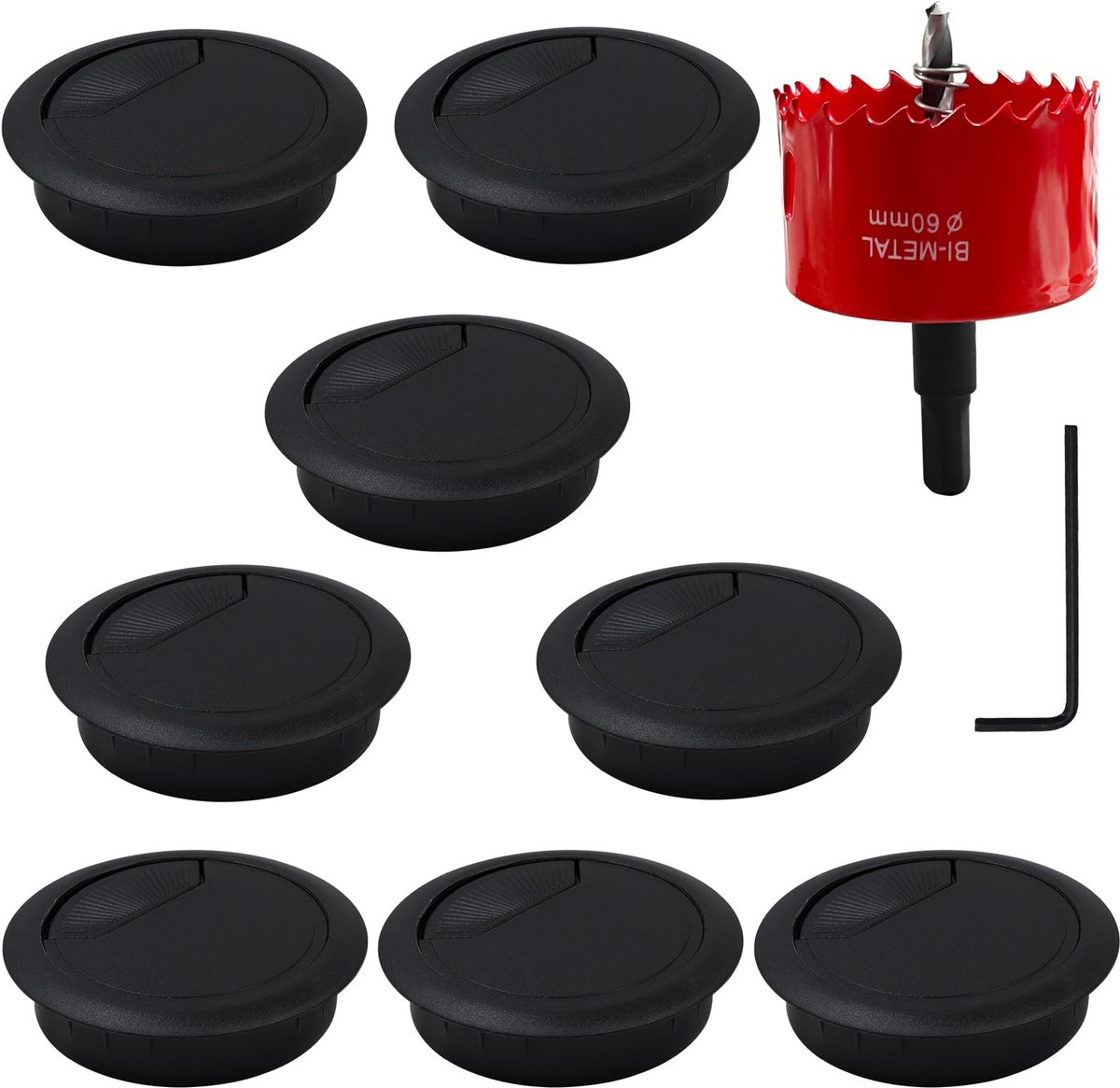 Kabeldoorvoerset 60 mm met 8 stuks kabeldoorvoer en 1 stuk zeskantige adapter voor bureau, gatzagen, boorset, kabeldoorvoer voor tafelmontage, gatcirkelzaag en kabeluitlaat