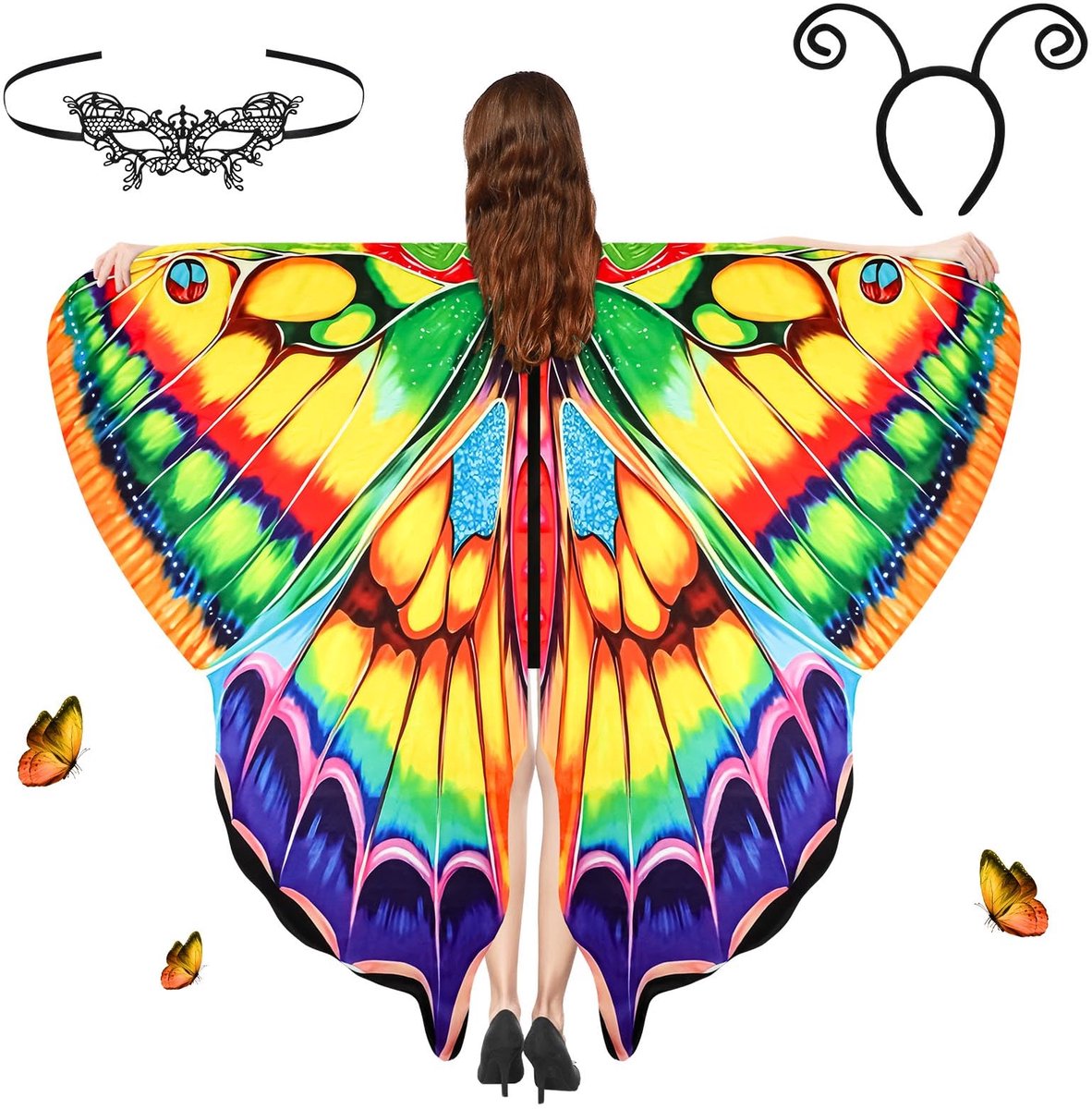 Aomig Vlinderkostuum voor dames, 3 stuks, vlindervleugels, volwassenen, vrouwen, met masker, kleurrijke vlindercape, sjaal, vleugels, nimf, pixie, kostuum voor Halloween, party, Kerstmis, cosplay