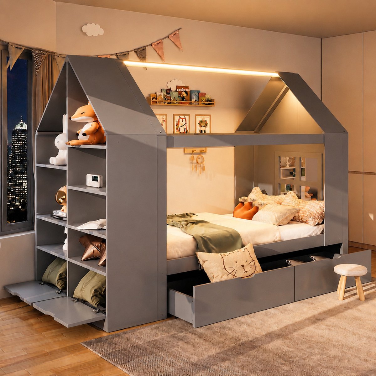 KOMHTOM Kinderbed - 90x200 cm - Huisvormig Ontwerp - Met 2 Lades - LED Verlichting - Opbergruimte - Grijs - Jeugdbed - Stapelbed - Wit - Beige - Fluweel - Multifunctioneel - Hoofdbord - Lattenbodem - Modern - Stevig Hout