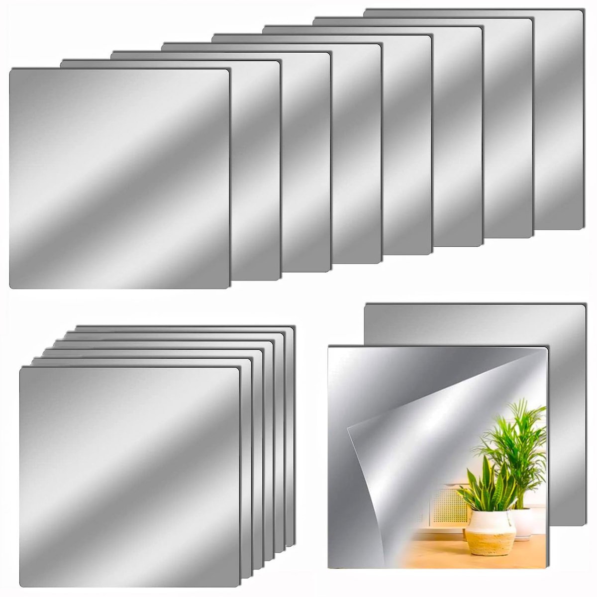 Wandspiegel, zelfklevend, 16 stuks acrylspiegels, wandstickers, flexibele spiegeldecoratie, wand voor badkamer, keuken, woonkamer, kleedkamer, kantoor, 15 x 15 cm