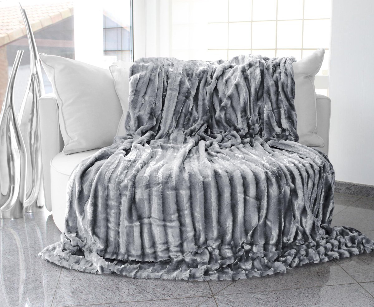 knuffeldeken imitatiebont dubbelzijdig XXL 220x240 cm – Warme kunstbontdeken voor bank en bed, luxe woondeken plaid, comfortabel & zacht - 100% polyester, wasbaar – Grijs