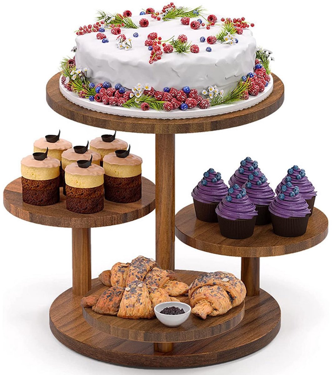 Cupcakestandaard van hout met 4 niveaus, dessertstandaard, houten taartstandaard, voor verjaardagsfeest, bruiloft, babyshower, feest thuis (bruin, rond)